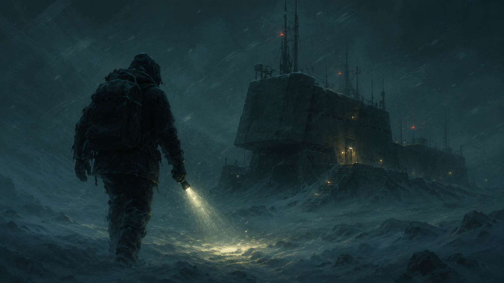 Antarctic isolation — a lone figure and his flashlight against the storm, closing in on the control station