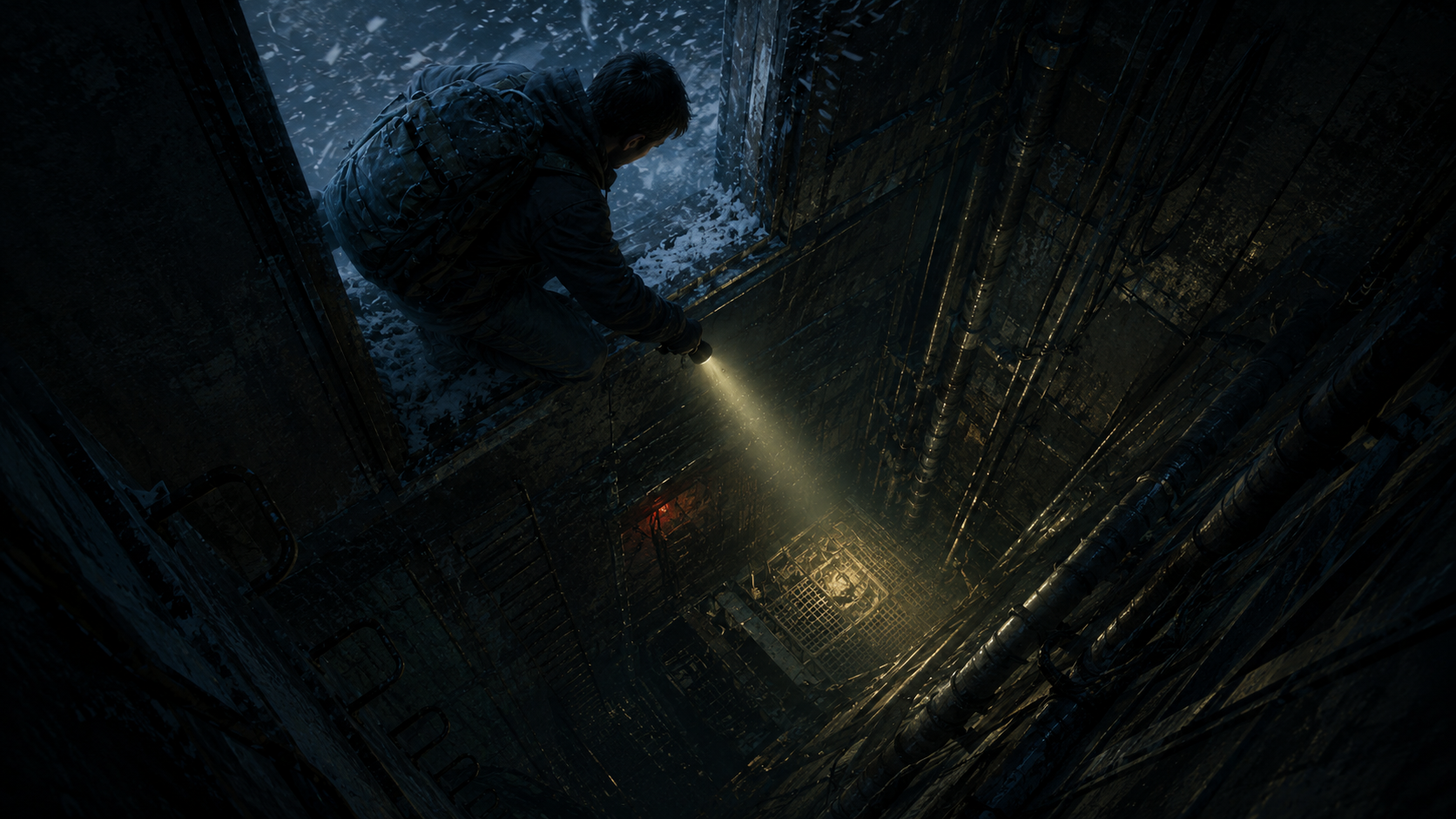 Descending the flooded elevator shaft