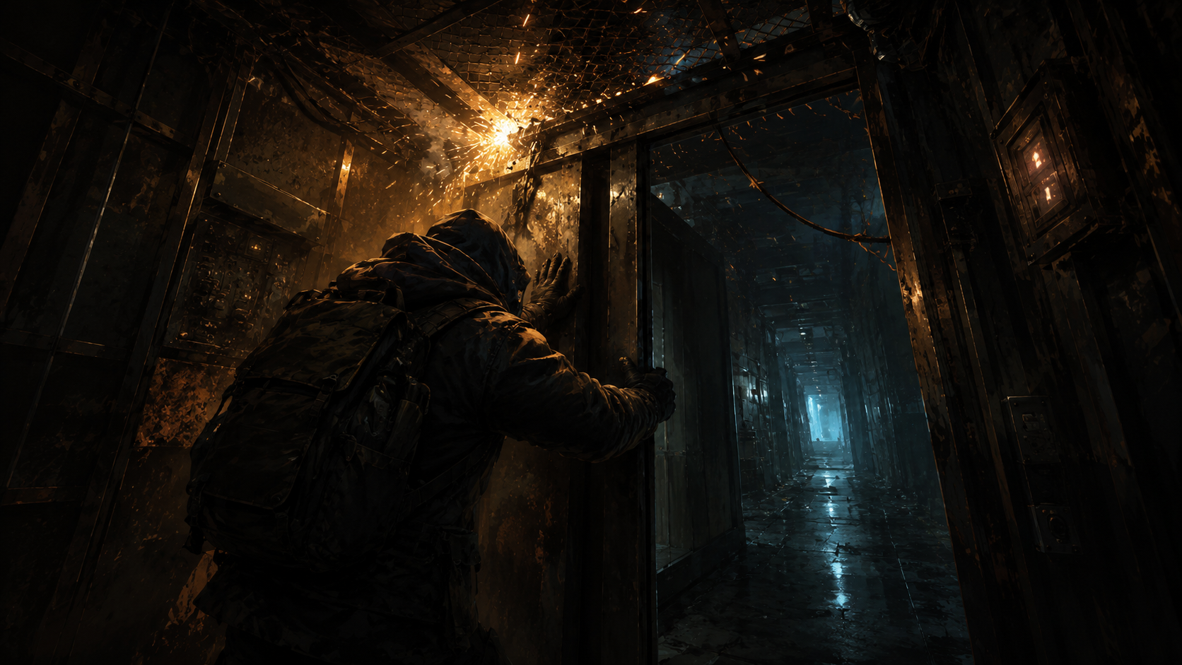 Unauthorized investigation — forcing a way past sparking machinery into the corridor beyond